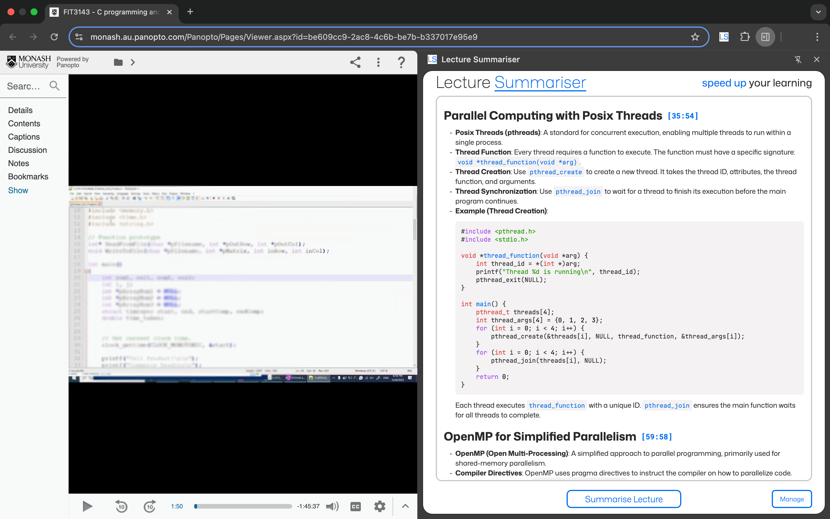 Screenshot showing Lecture Summariser extension in action on a Panopto lecture page with AI-generated summary and key points highlighted