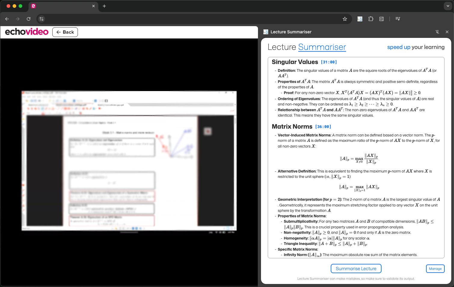 Screenshot showing Lecture Summariser extension in action on a Panopto lecture page with AI-generated summary and key points highlighted